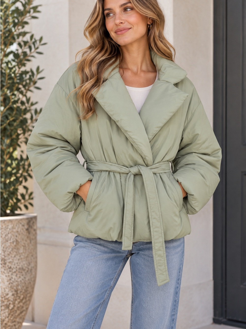 Hutch Sage Green Belted Puffer Jacket